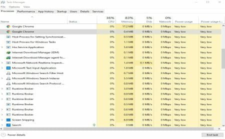 Task manager setting processes