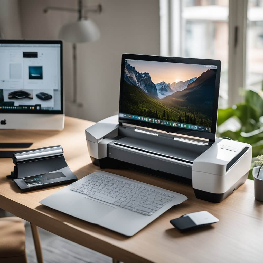 An organized desk with a Cricut Maker, a laptop, mouse, and keyboard, creating a productive workspace