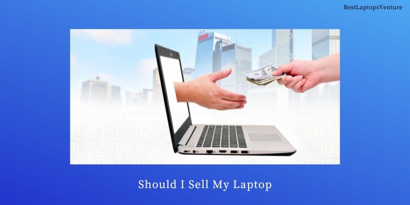 A laptop with a question mark symbolizing uncertainty about selling it.